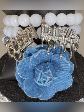 Personalized Silver Name Charm Bracelet with Blue Denim Flower